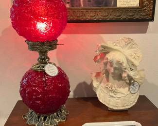 Fenton “Poppy” ruby red Gone With the Wind style lamp. Art Nouveau carved alabaster bust of a woman.