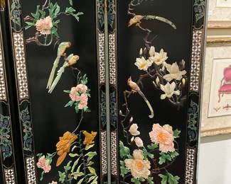 Fabulous Asian screen. Notice the detail in the gemstone carvings! (Total width, 7’11”, 6’ 2 1/2” tall.)