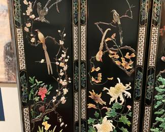 Fabulous Asian screen. Notice the detail in the gemstone carvings! (Total width, 7’11”, 6’ 2 1/2” tall.)