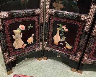 Fabulous Asian screen. Notice the detail in the gemstone carvings! (Total width, 7’11”, 6’ 2 1/2” tall.)