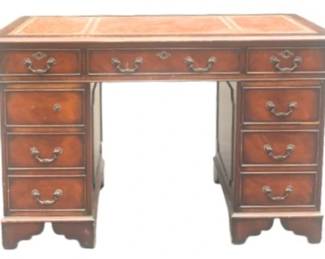 Chippendale Style Knee Hole Partner's Desk With Tooled Leather Surface, Bracket Feet, & Brass Pulls
