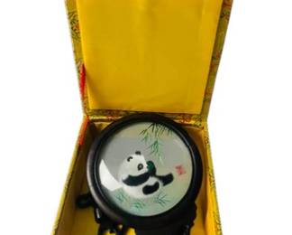 Chinese Panda Suzhou Double Sided Silk Embroidery Screen & Wooden Rosewood Stand & Box