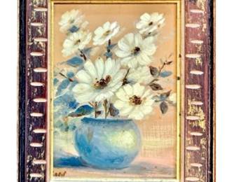 Vintage Original Floral Painting With Blue Vase - Signed Saru