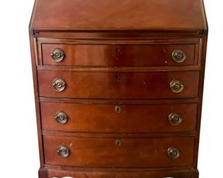 Bow Front & Slant Front Mahogany Desk With Splayed Feet & Scalloped Apron