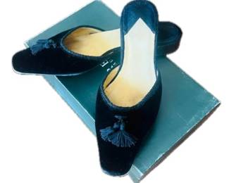 Ralph Lauren Black Velvet Mules With Tassels & Original Box - Made In Spain - Leather Soles