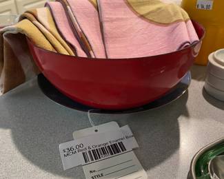 MCM Red & Orange Enamel Bowl, Dish Towels