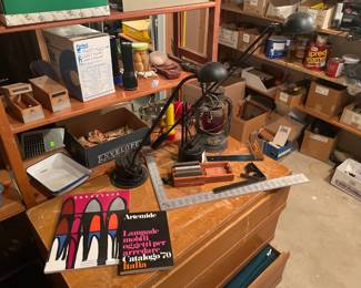 Wooden Dresser, Desk Lamp, Art Books