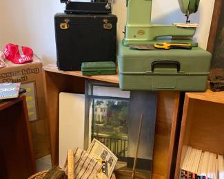 Vintage Sewing Machines, Baskets, Wooden Shelves 