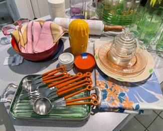 MCM Red & Orange Enamel Bowl, Dish Towels