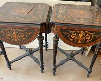 Pair Of Antique English Victorian Inlaid Burr Walnut Dropleaf Tables, Louis XV Style.
