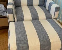 Blue & white stiped chair with matching ottoman