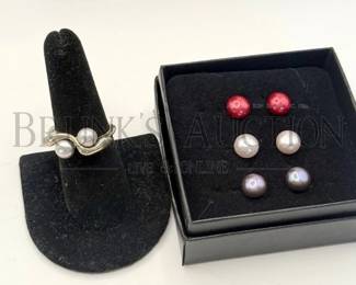PEARL, STERLING RING & EARRINGS