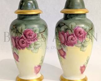 (X2) HANDPAINTED LIDDED PROCELAIN URNS