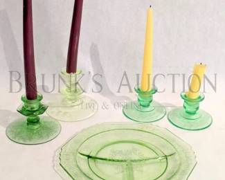 GREEN DEPRESSION GLASS CANDLE BUNDTS AND SPLIT PLATE