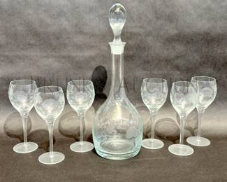 (6) ETCH GLASS STEMS & DECANTER