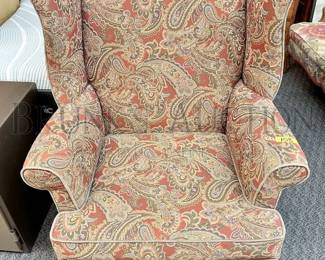 UPHOLSTERED WINGBACK CHAIR MAHOGONY FRAMED