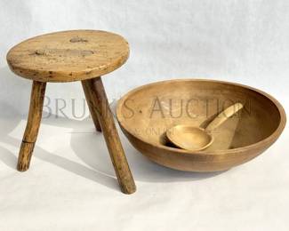 WOOD CARVED BOWL & STOOL & LADDLE