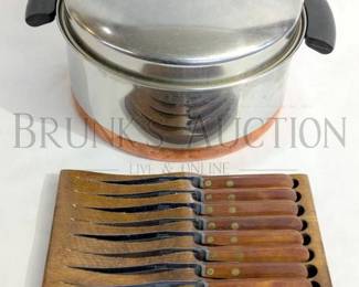 (8) ROBINSON STEAK KNIVES & REVEREWARE POT AND LID