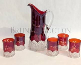 ETCHED CRANBERRY GLASS PITCHER AND (5) TUMBLERS