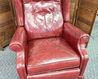 RED LEATHER WINGBACK RECLINER ( AS IS)