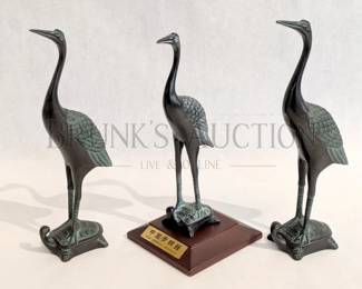 (3) BRONZE STORKS ON TURTLE FIGURES & ONE WOOD BASE