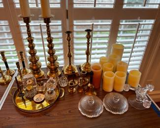brass candlestick holders and other misc brass items and candles