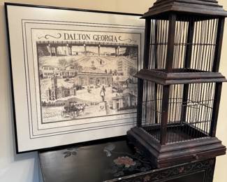 Decorative bird cage and original, signed print of Dalton, GA