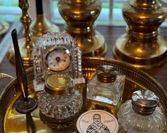vintage ink wells and brass candlestick holders