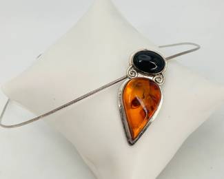 Amber & Onyx Silver Pendant Necklace