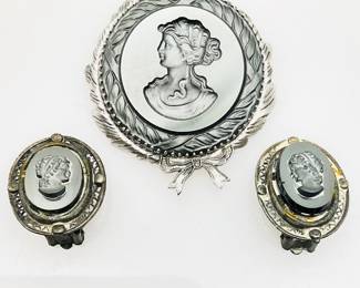 Black Glass Intaglio Brooch with Matching Earrings