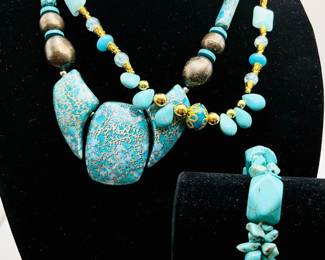 Turquoise & Other Blue Beaded Necklace and Bracelet