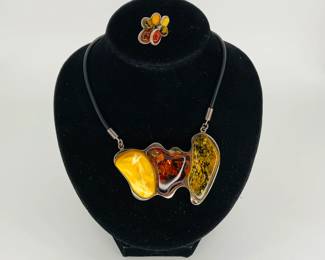 Amber Stone and Silver Necklace