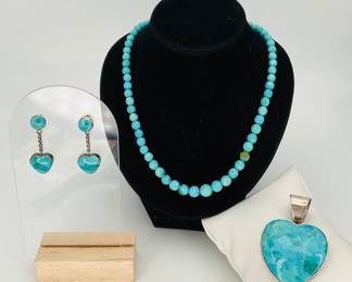 Turquoise Pendant, Earrings and Beaded Necklace