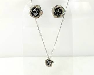 Vintage Silver Tone Rose Necklace and Earrings