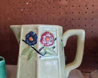 Majolica Green Basketweave Raised Florals Vintage Ceramic Pitcher, 1930's
