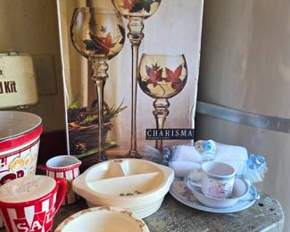 Charisma hurricane Candle holder set, Royal Doulton Bunnykins children bowl, VTG Ceramic divided warming dish.