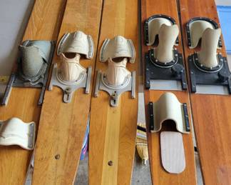 Vintage wooden and fiberglass water skiis!  