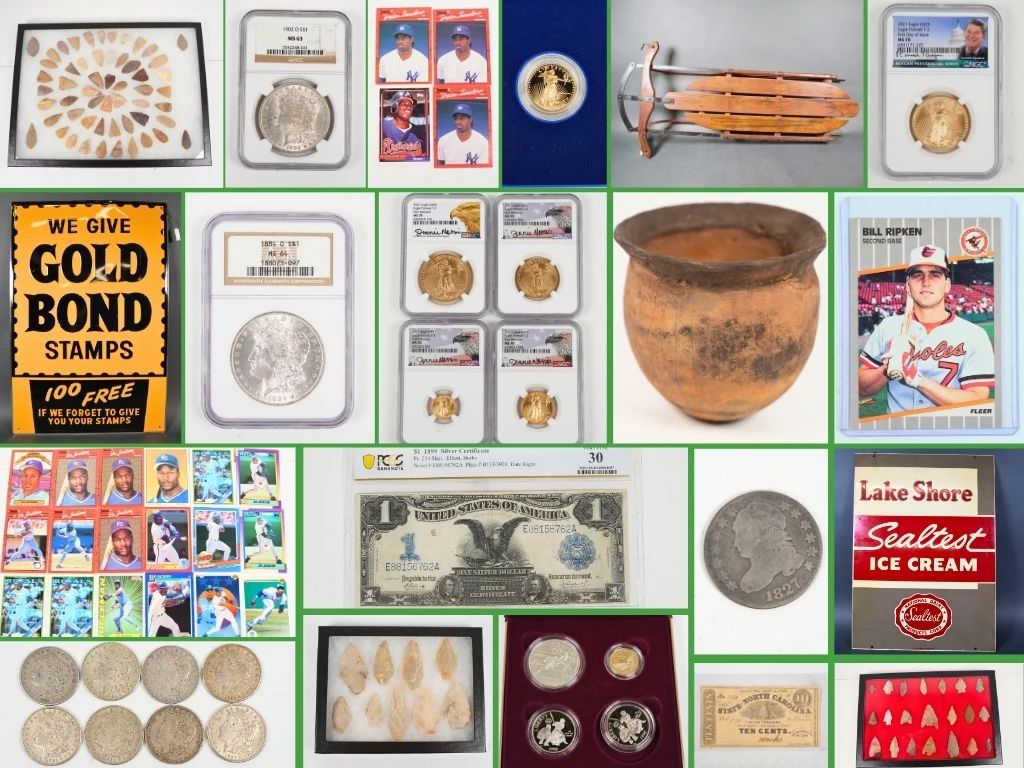 Coins, Artifacts, Country Store, and Sports Cards COLLAGE