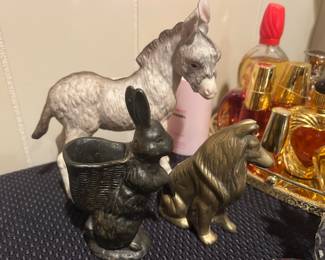 Metal bunny, brass collie, donkey 