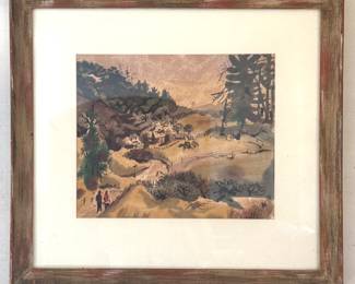 Framed Watercolor Landscape Painting – Rustic Countryside Scene with Figures