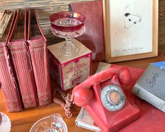 Red Rotary Phone, Ruby Glass & Antique Books Lot – Mid-Century Decor
