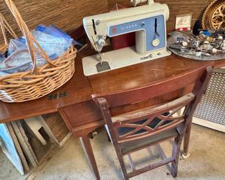 Singer Vintage Sewing Machine with Wood Cabinet, Folding Chair – Mid-Century Estate Find