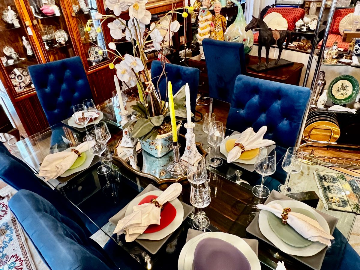 Arhaus Contemporary Glass Top Dining Table, 26 pc Viva Tera Celedon contemporary dinnerware set and placemats, Set of 12 Wchott Wiesel Glass Stemware Wine Glasses 