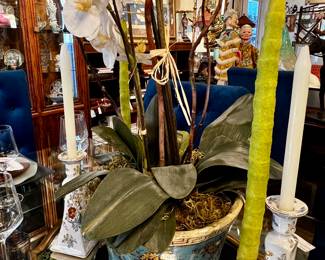 Faux orchid, assorted candle sticks