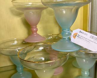 Set of 8 multicolored Blendo Margarita glasses -frosted with gold tone rim