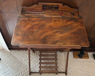 antique school desk with abacus, ink well and lift up top