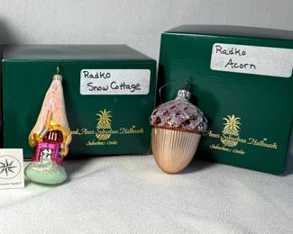 Christopher Radko "Snow Cottage" and "Acorn" glass ornaments