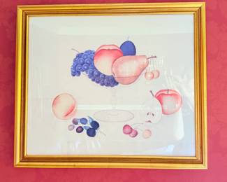 Framed reproduction watercolor "Fruit in Glass Compote" by Emma Jane Cady