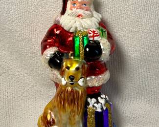 Christopher Radko Joy to the World series Santa and dog glass ornament, signed by Betty White for the American Humane Society in 2001