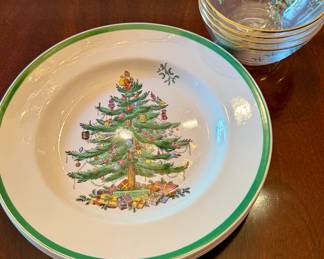 Spode Christmas Tree plates and glass dessert cups